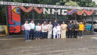 Students creating eco-bricks in Nagpur as part of the Nagpur@2025 initiative to promote sustainability and reduce plastic waste.