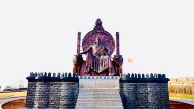 A 52-foot statue of Chhatrapati Shivaji Maharaj seated on a throne, under construction in Nagpur, symbolizing pride and leadership.