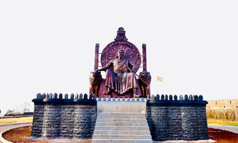 A 52-foot statue of Chhatrapati Shivaji Maharaj seated on a throne, under construction in Nagpur, symbolizing pride and leadership.