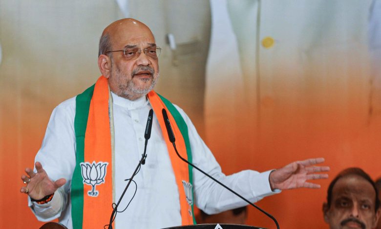 Illustration of Amit Shah launching the CRS app with citizens registering birth and death records on mobile.