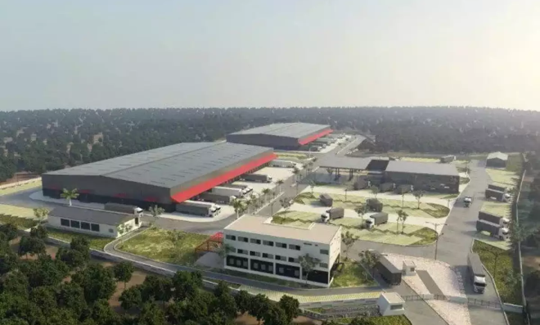 Aerial view of a logistics park in Nagpur, highlighting warehouses and transportation networks.