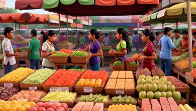 Nagpur: A bustling market scene showcasing fresh produce and meat products in Nagpur's south-western region.