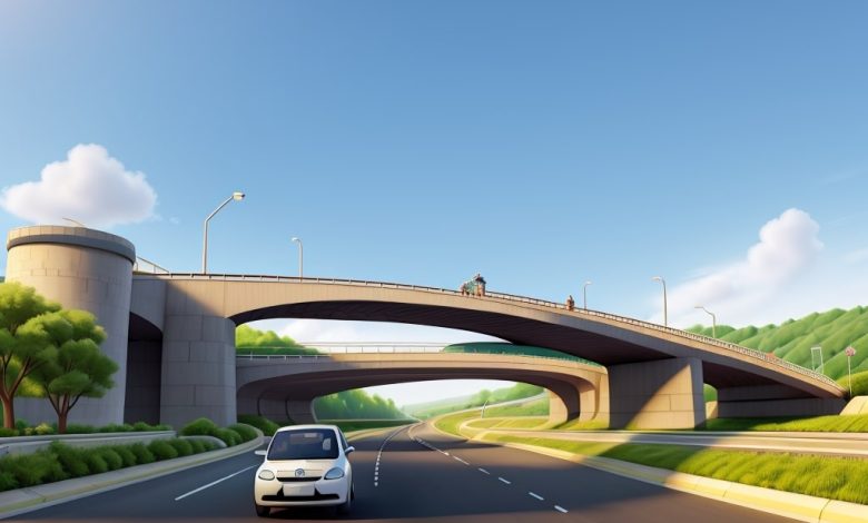 Illustration depicting a modern flyover connecting two points, symbolizing improved transportation infrastructure. Zip ride Nagpur