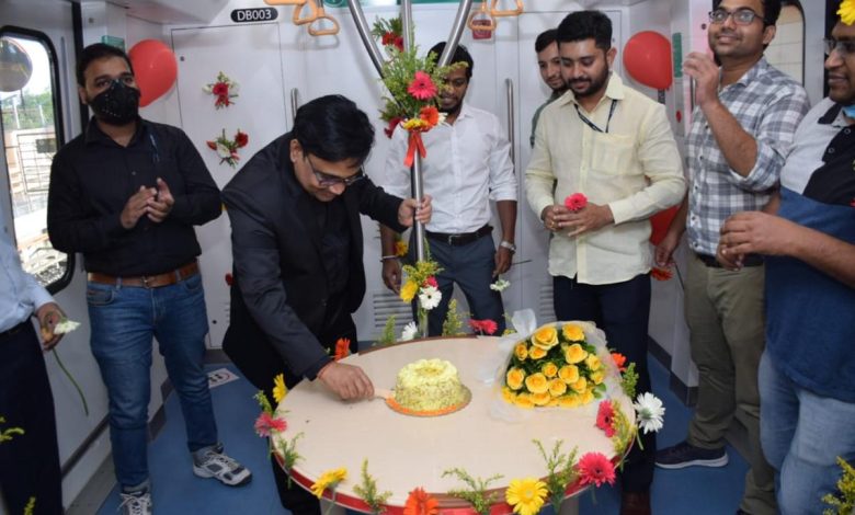 Celebration on Wheels train adorned with balloons and streamers. Nagpur Metro