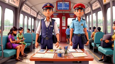 A depiction of railway ticket inspectors checking tickets aboard a train amidst a bustling station. | Ticketless | Revenue.