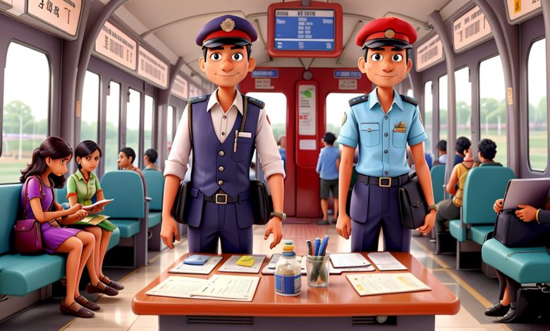 A depiction of railway ticket inspectors checking tickets aboard a train amidst a bustling station. | Ticketless | Revenue.