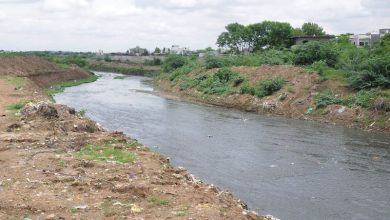 A clean river flowing through urban landscape, symbolizing environmental restoration efforts in Nagpur.