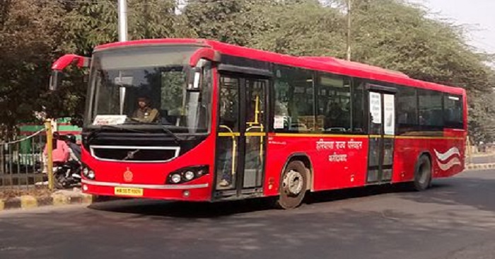 Aapli Bus equipped with ADAS technology on a road in Nagpur.