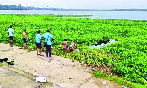 NMC personnel and machinery actively engaged in removing water hyacinth from Ambazari Lake.