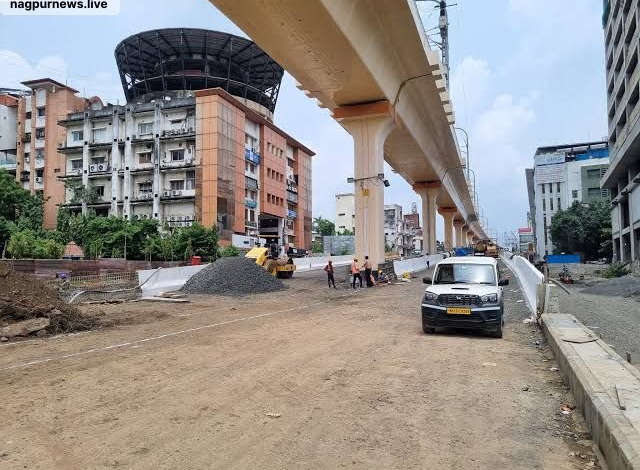 An aerial view of the Kamptee Road Double-Decker Flyover in Nagpur, showing the complexity of traffic near LIC Square.