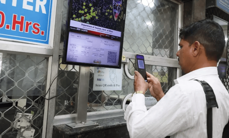 QR code payment system at railway ticket counters for fast and secure ticket purchases.