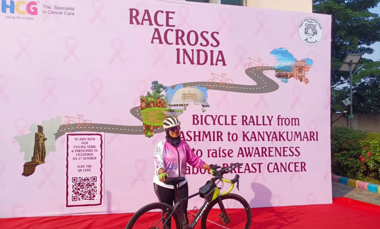 Cyclists riding across India to promote breast cancer awareness during Breast Cancer Awareness Month.