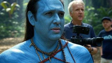 A humorous AI-generated image of Govinda as a Na'vi in the Avatar universe, complete with his signature dance moves.