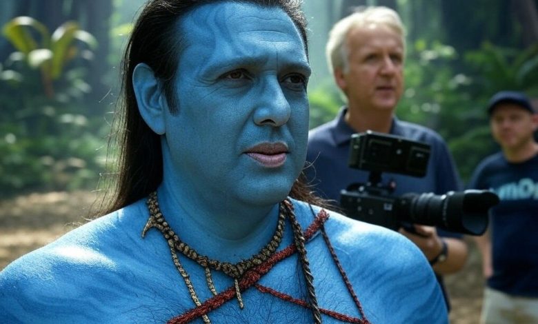 A humorous AI-generated image of Govinda as a Na'vi in the Avatar universe, complete with his signature dance moves.