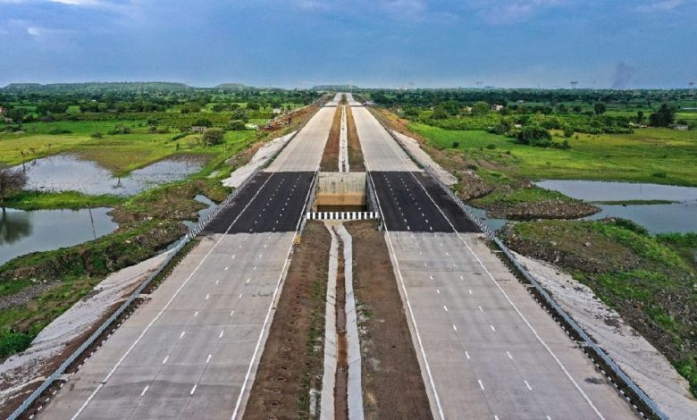 An aerial view of Samruddhi Mahamarg showcasing its expansive highway design and surrounding greenery.