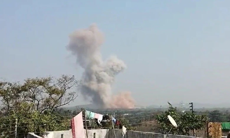 Smoke rising from the site of a devastating blast in Maharashtra’s Bhandara district | Ordnance Factory Blast, with rescue teams working in the debris.