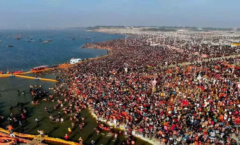 A helicopter flying over the vibrant Maha Kumbh Mela 2025 in Prayagraj, showcasing the grand event from an aerial perspective.