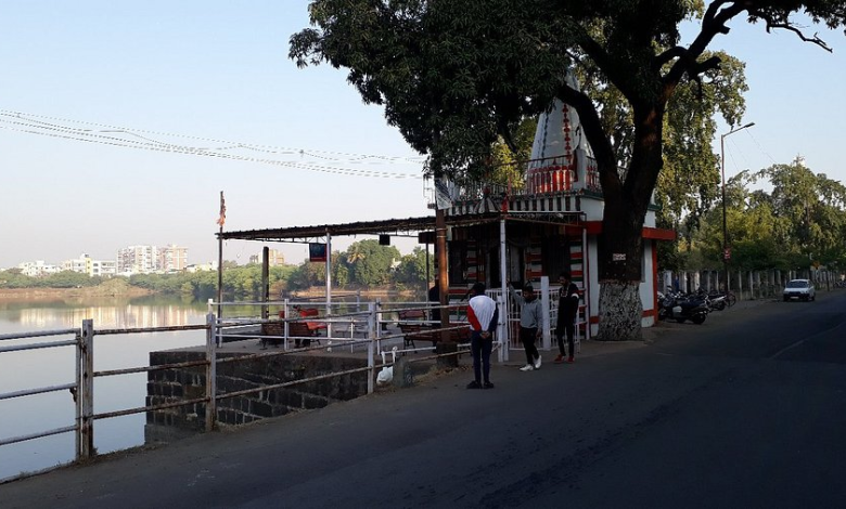 A polluted Sonegaon Lake (Nagpur) with visible sewage contamination affecting aquatic life.