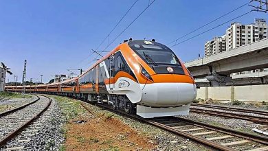 Nagpur-Secunderabad Vande Bharat Express train on railway tracks.