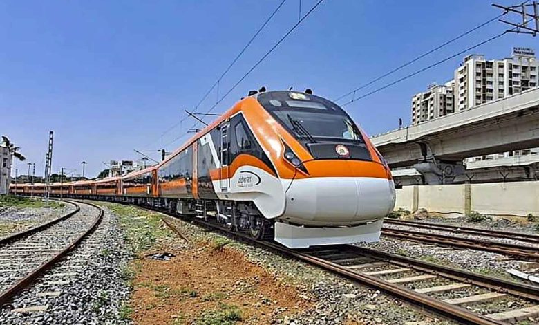 Nagpur-Secunderabad Vande Bharat Express train on railway tracks.