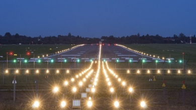 Aerial view of Dr. Babasaheb Ambedkar International Airport's runway undergoing recarpeting work.