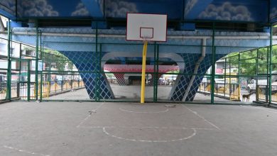 Transformed flyover space in Nagpur featuring a basketball court, green seating areas, and a public gym setup